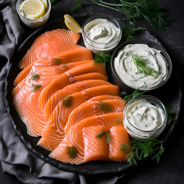 Photo gratuite des tranches de saumon avec de l'aneth et de la sauce sur fond noir