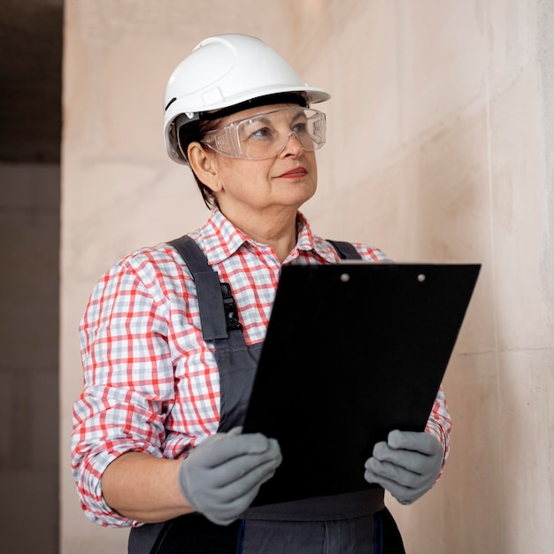 Photo gratuite travailleur de la construction femelle avec casque et presse-papiers