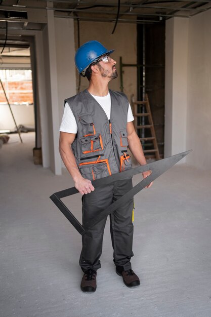 Travailleur de la construction plein coup portant un casque de sécurité