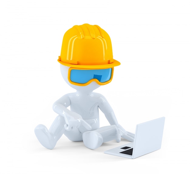 Photo gratuite travailleur de la construction utilisant un ordinateur portable