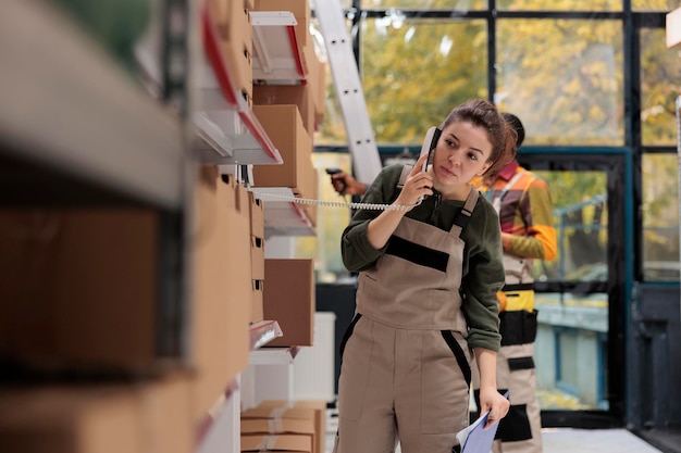 Photo gratuite travailleur de la salle d'entreposage ayant une conversation à distance avec le superviseur parlant au téléphone fixe dans la salle d'entreposage femme travaillant à l'inventaire des produits vérifiant les boîtes avec les clients commandes préparant l'expédition