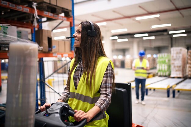 Travailleur d'usine femelle conduisant un chariot élévateur dans la zone de stockage pendant que son collègue prend des notes en arrière-plan