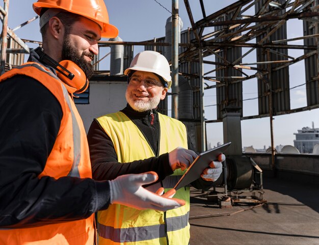 Travailleurs de la construction à coup moyen avec tablette