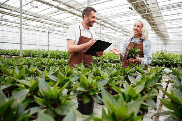 Travailleurs souriants dans le jardin à la recherche et au toucher des plantes