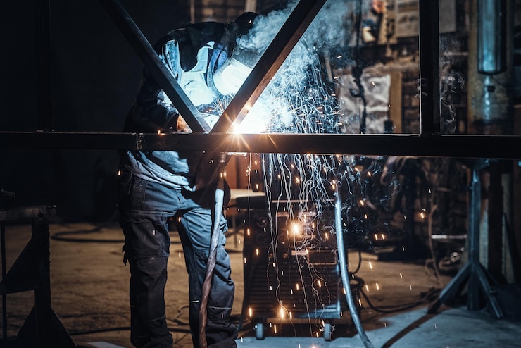 Photo gratuit travaux de soudage avec des constructions métalliques dans une usine métallique très fréquentée
