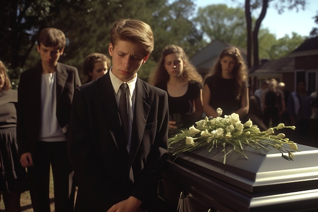 La triste famille en deuil à l'enterrement
