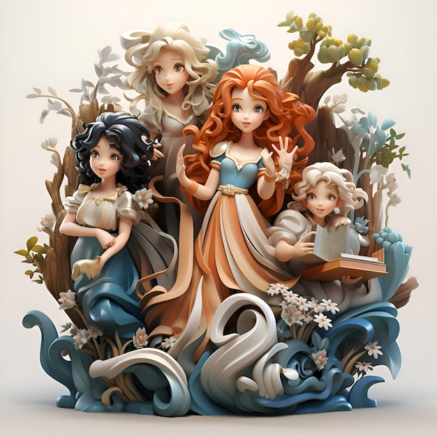 Photo gratuite trois beaux personnages de contes de fées sur un fond blanc rendu 3d