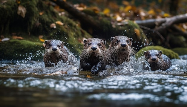 Trois loutres nagent dans une rivière.