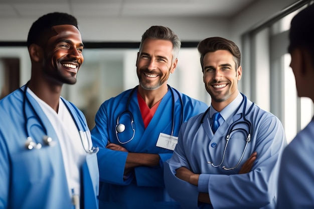 Photo gratuite trois médecins en blouse bleue se tiennent dans un couloir d'hôpital.