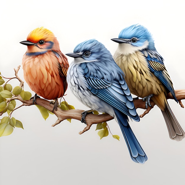 Photo gratuite trois oiseaux assis sur une branche sur un fond blanc illustration 3d