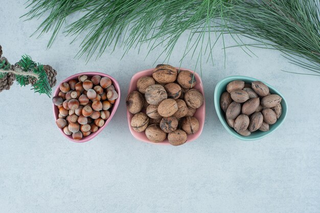 Trois petite assiette pleine de noix avec des pommes de pin de Noël sur fond de marbre. Photo de haute qualité