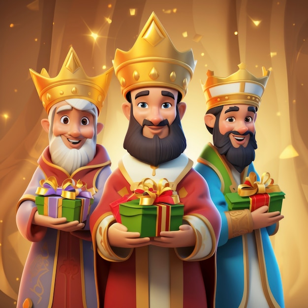 Trois rois avec des couronnes et des cadeaux