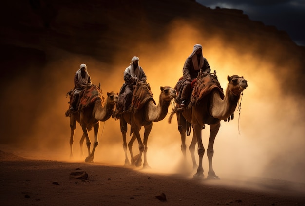 Photo gratuite les trois sages à cheval sur des chameaux