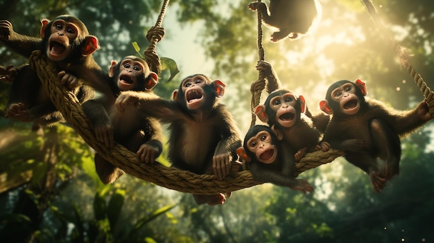 Photo gratuite une troupe de singes enjoués se balançant à travers la jungle. leur comédie animée résonne à travers l'arbre.