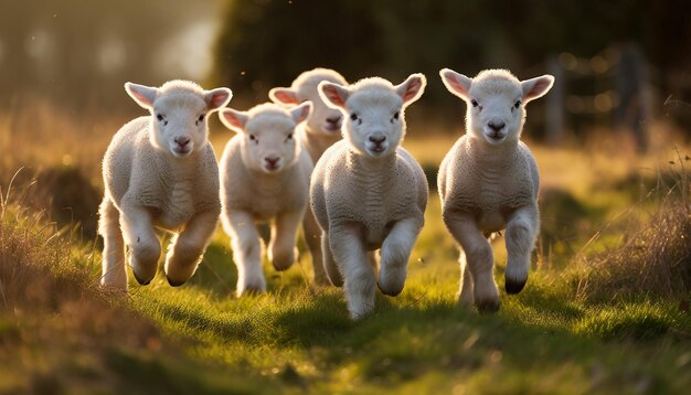 Un troupeau d'agneaux courant dans un champ