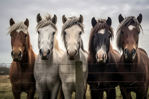 Photo gratuite troupeau de chevaux derrière la clôture