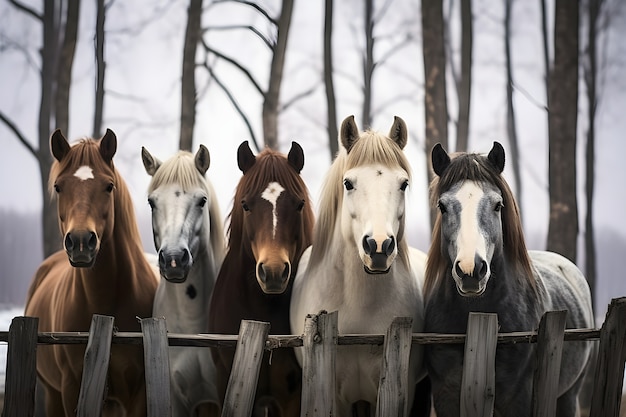 Photo gratuite troupeau de chevaux derrière la clôture