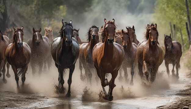 Un troupeau de chevaux en train de paître dans un pré généré par l'IA