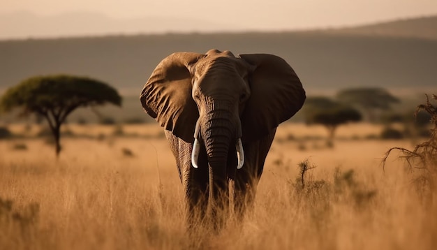 Troupeau d'éléphants d'Afrique broutant dans la savane tranquille au coucher du soleil généré par l'IA