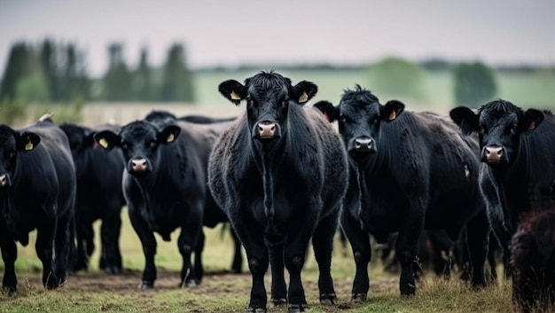 Photo gratuite troupeau de vaches noires paître dans le pâturage créé avec la technologie generative ai