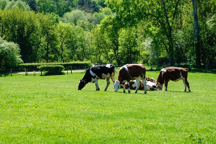 Photo gratuit troupeau de vaches paissant sur le pâturage pendant la journée