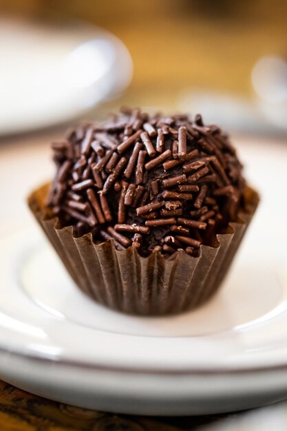 Truffe au chocolat maison sur une assiette avec arrière-plan flou