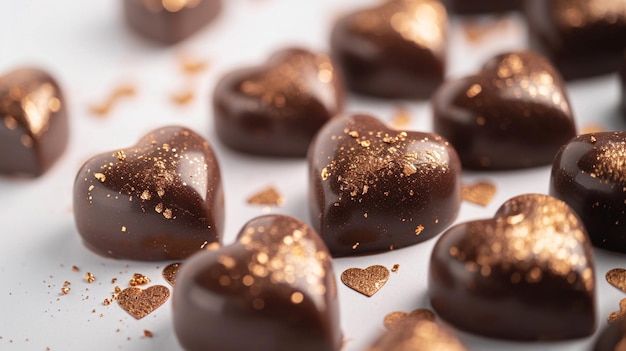 Photo gratuite truffes au chocolat en forme de coeur avec des accents dorés sur fond blanc