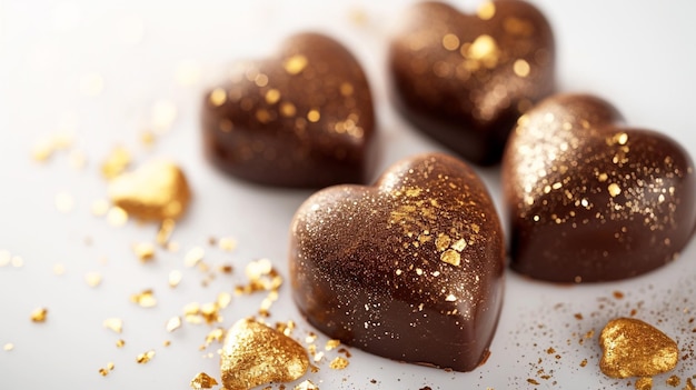 Photo gratuite truffes au chocolat en forme de coeur avec des accents dorés sur fond blanc