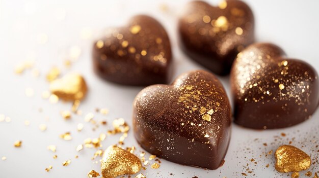 Truffes au chocolat en forme de coeur avec des accents dorés sur fond blanc