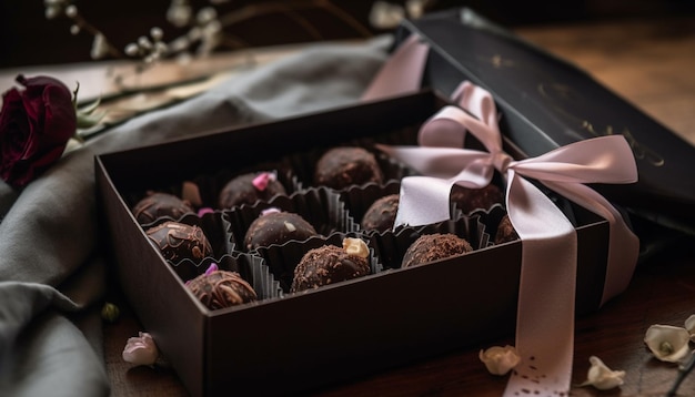 Photo gratuite truffes au chocolat gourmandes enveloppées dans du papier orné généré par l'ia