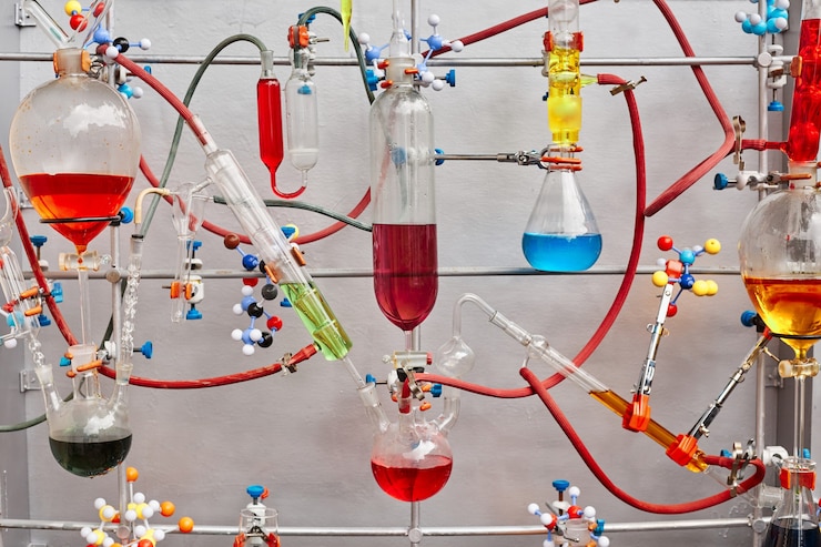 Photo gratuit tubes à essai en verre avec un liquide visqueux coloré isolé sur une surface grise en laboratoire de chimie