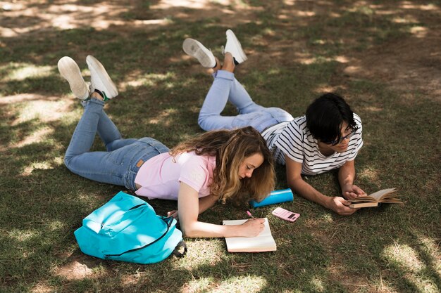 Étudiants adolescents multiethniques qui étudient sur l&#39;herbe