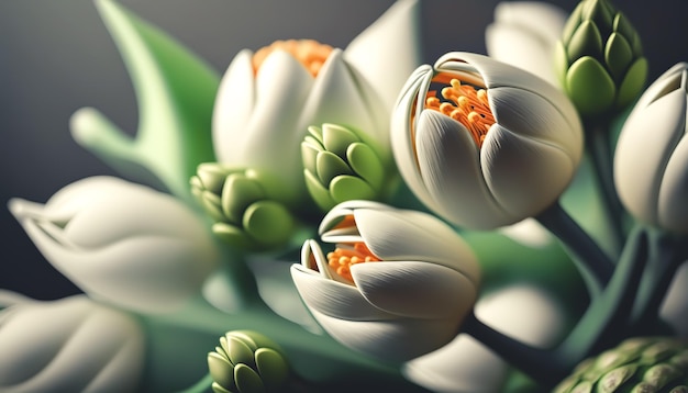 Tulipes blanches sur un arrière-plan flou léger Al génératif