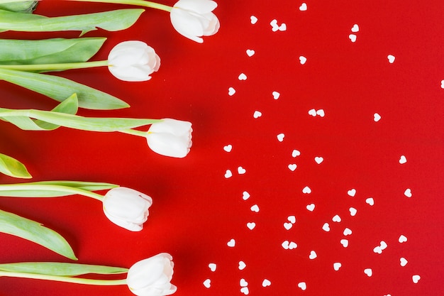 Photo gratuite tulipes blanches avec des petits coeurs sur la table