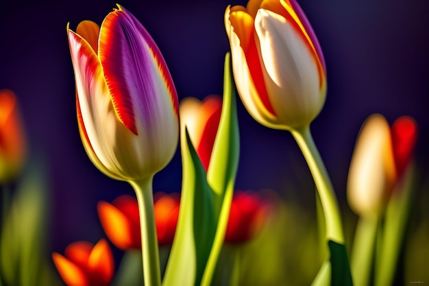 Tulipes dans un jardin avec le soleil qui brille dessus.
