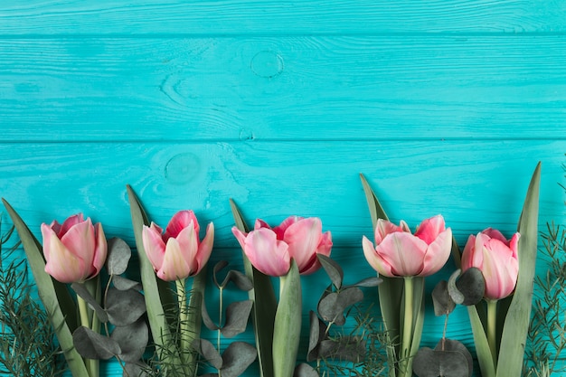 Tulipes roses et feuilles vertes sur une planche en bois turquoise