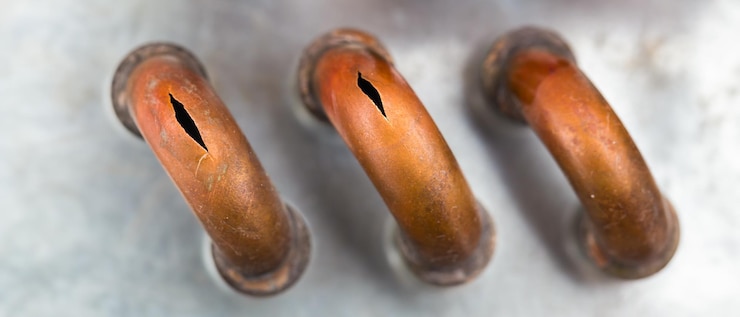 Photo gratuit les tuyaux de cuivre éclatent par le froid briser les tuyaux d'airain par le froide closeup