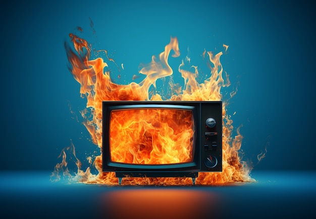 TV 3D en feu avec des flammes