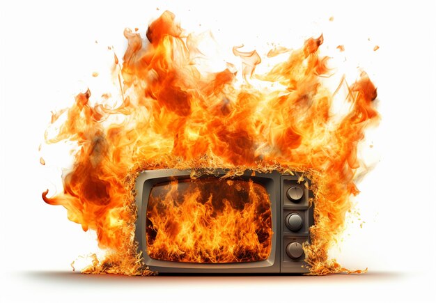 TV 3D en feu avec des flammes