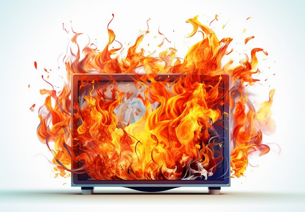 TV 3D en feu avec des flammes