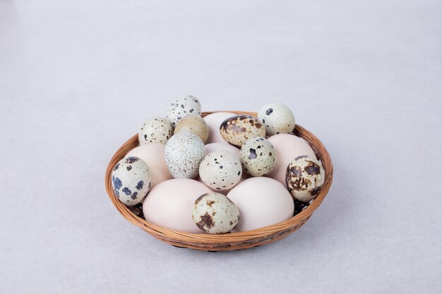 Œufs de caille et œufs de poule dans un bol sur une surface blanche.