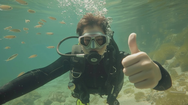 Photo gratuite underwater portrait of scuba diver exploring the sea world