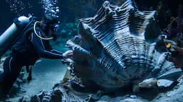 Photo gratuite underwater portrait of scuba diver exploring the sea world