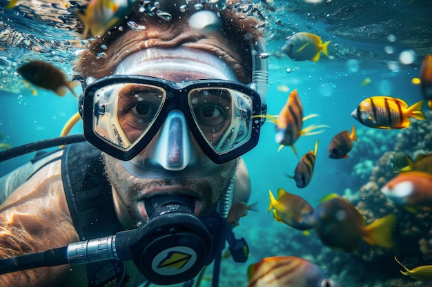 Photo gratuite underwater portrait of scuba diver exploring the sea world