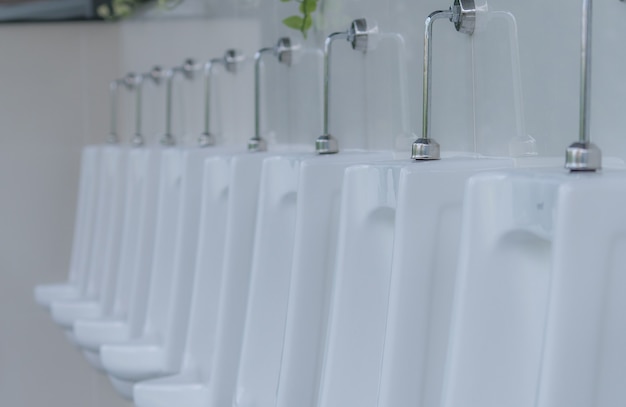 Urinoirs blancs dans les toilettes publiques pour hommes urinoirs en céramique d'affilée dans les toilettes pour hommes santé de la vessie de l'homme