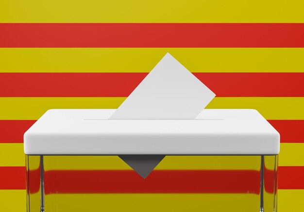 Urne avec une enveloppe de vote dans la fente prête à voter. Drapeau de la Catalogne