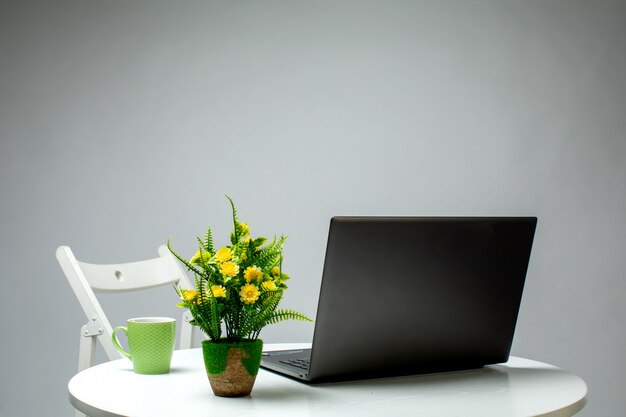 Usine d'ordinateur portable et tasse sur la table