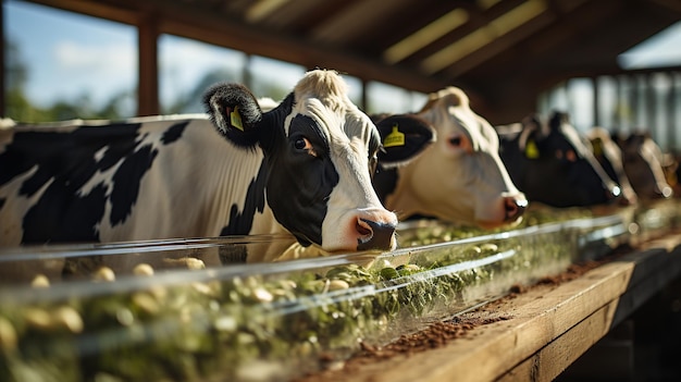 Photo gratuite vaches dans une ferme laitière mise au point sélective sur la vache