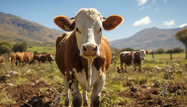 Photo gratuite les vaches paissent dans les prairies vertes. l'agriculteur profite de la beauté de la nature générée par l'intelligence artificielle.