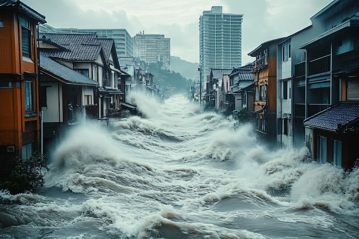 Photo gratuit une vague de tsunami s'écrase sur la ville et endommage des structures.